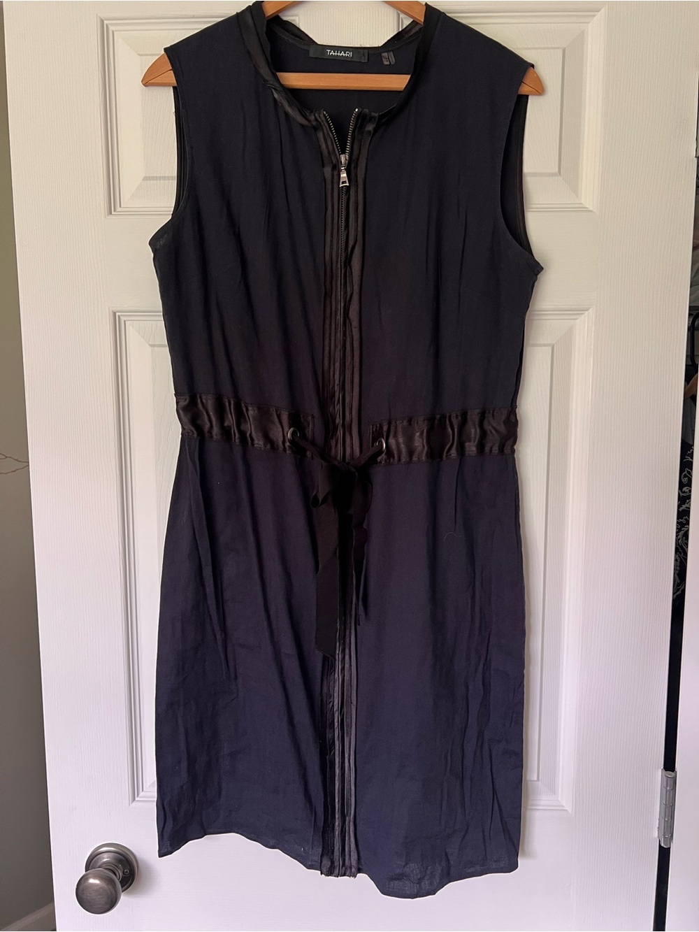 Tahari Black Sleeveless Zip-Front Dress with Satin Waist